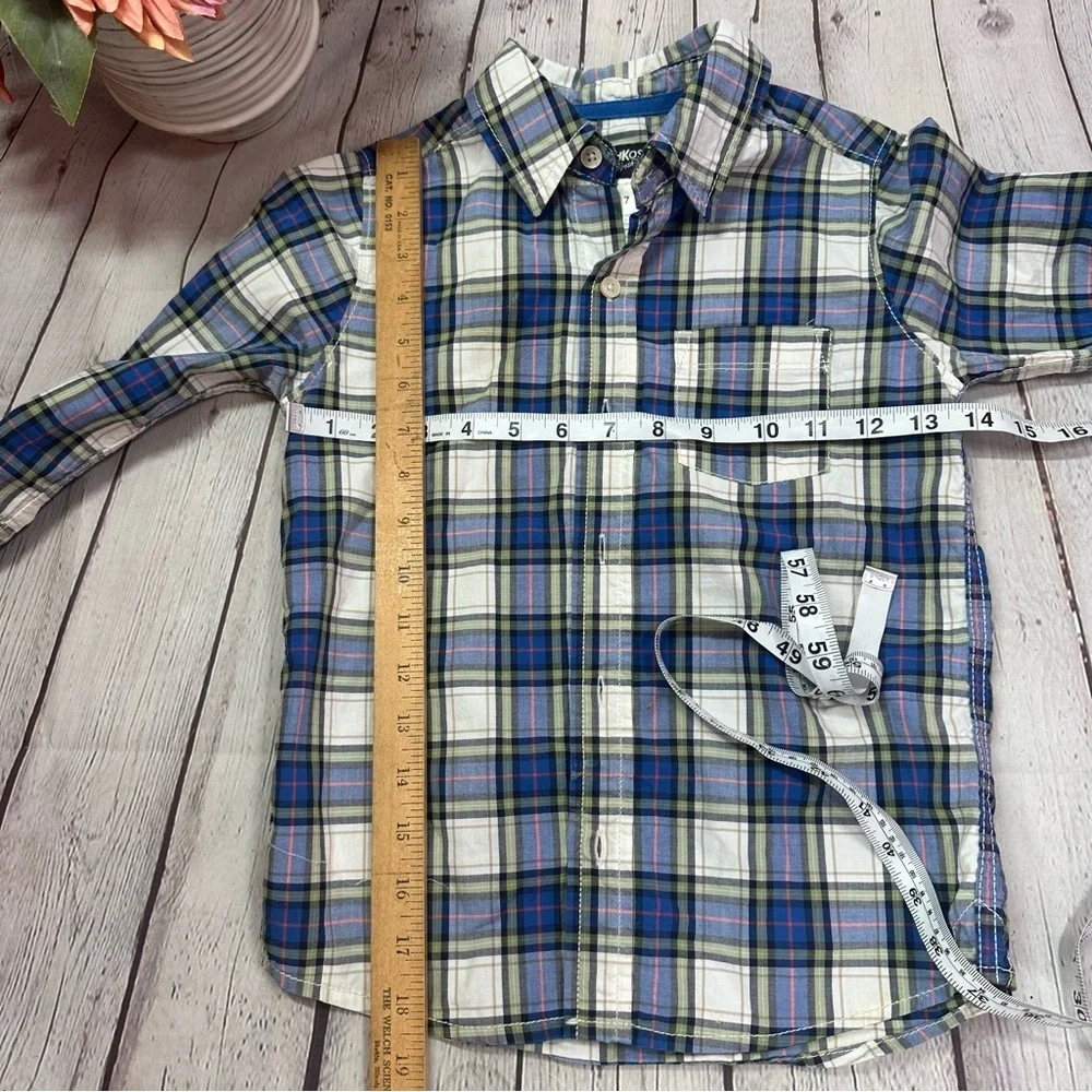 OshKosh B'gosh Blue Green Plaid Button up Shirt boys 7 cotton classic preppy